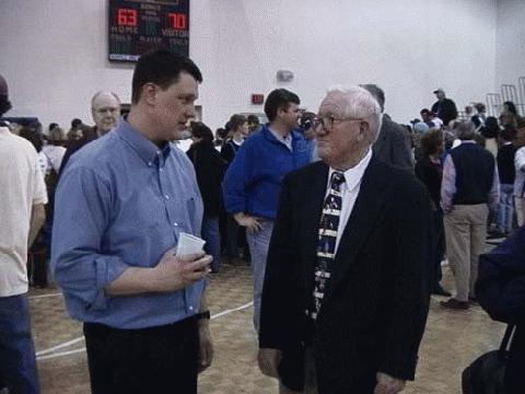 Summertown Coach Les Trotter talks with his former college coach, Nashville Christian's Charlie Anderson. Trotter played on Anderson's National Champion team at Aquinas Junior College in the early 1990s.,Summertown Coach Les Trotter talks with