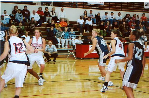 Jefferson County's Kelsey Elliott (12), Lindsay Lyke (11) and Haley Chambers (4) defend a Farragut inbounds play at the Chop House Classic