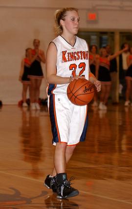 Samantha thearp brings the ball up the floor for Kingston.