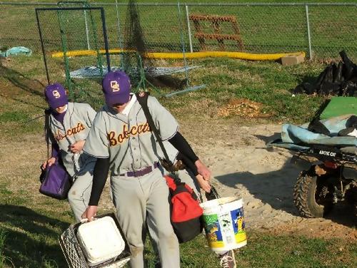 Freshmen lugging the equipment