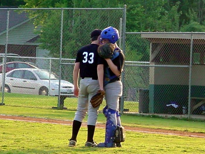 Pitcher Corbin Self and catcher Aaron Williamson at the mound