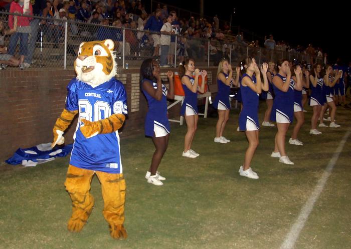 The Tiger mascot and the cheerleaders.
