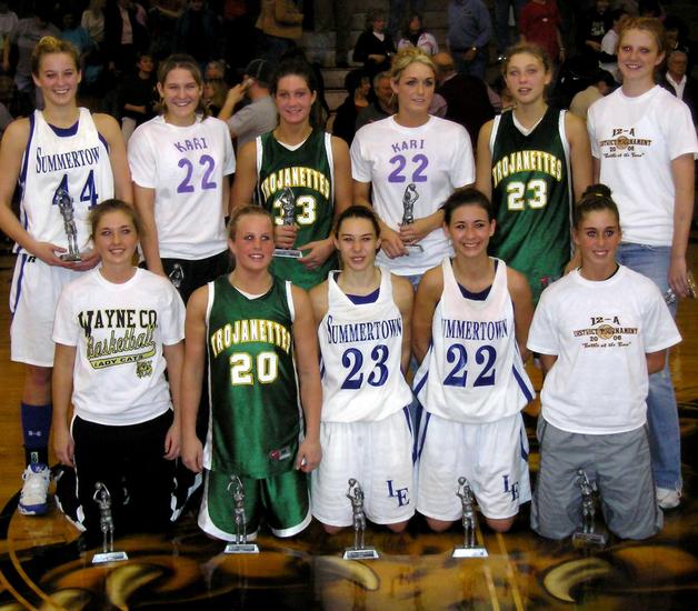 All-District 12A: Front (LtoR) - Cessaly Gibson, Leslie Daniel, Tamia Tucker & Haley Lovett, Brooke Staggs- Back (LtoR) - Emily Franks, Kristal Edney, Hannah Daniel, Alicia Weatherly, Abby Andrews, & Tristan Daniel.