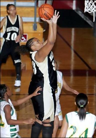 Sabrina Mathews makes post move as McLaughlin looks on.